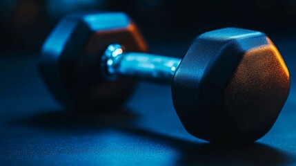 Close-up of a heavy dumbbell on a dark surface with dramatic lighting.