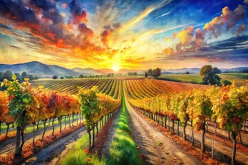 Fototapeta premium radiant watercolor, vineyard, late summer, wide-angle