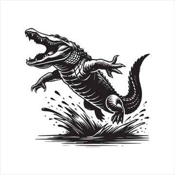 black and white jumping alligator clip art preview