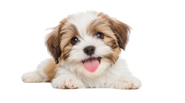 A cute puppy with brown and white fur, lying down and smiling, set against a white background.