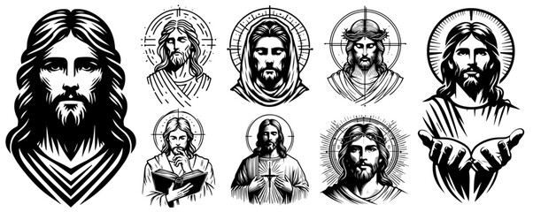 Fototapeta premium Jesus Christ portraits with halo in various artistic styles