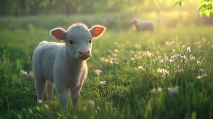 Fototapeta premium Cute baby cow in field, amazing light illuminating its soft fur and green surroundings