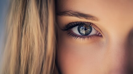 Fototapeta premium long blonde hair frames it, blue eyeshidenhides one eye, her eyelashes are lengthy