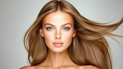 Fototapeta premium A woman with long blonde hair poses before the wind-whipped curtains, her locks framing her face
