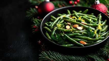 A festive dish of green beans garnished with almonds, set against a dark background with Christmas decorations, creating a seasonal dining atmosphere.