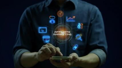 Businessman showing glowing neon line of affiliate marketing concept with icons of merchant, website, sales, seo, link, tracking, customer and trading on virtual screen.