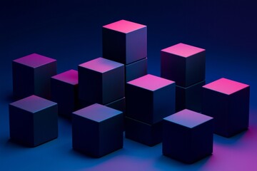 Fototapeta premium Cubes in different arrangement, dark blue and purple gradient color on a dark color background