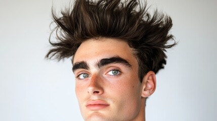 Fototapeta premium A young man's face is tightly framed in the image, showcasing his messy, disheveled hair atop his head His neck is dressed in a neatly