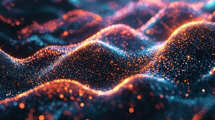 A mesmerizing abstract background of glowing blue and orange particles forming dynamic, flowing waves. This vibrant image evokes themes of technology, data, energy, and the digital realm.