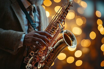 Obraz premium Close-up of a Saxophonist Playing in a Bokeh Background