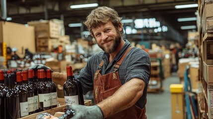 A winemaker carefully labeling wine bottles, preparing them for distribution and sale