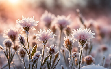 Obraz premium Frost-covered wildflowers in snow