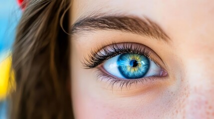Obraz premium A tight shot of a blue eye adorned with freckles on its lashes Hair cascades around, caught in a gentle wind