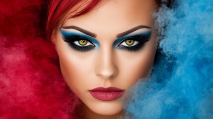 Fototapeta premium A close-up of a woman's face with blue and red smoke swirling behind her Red and blue smoke also visible behind her