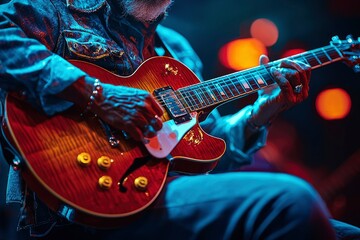 Naklejka premium Close-up of a Musician Playing a Red Electric Guitar with a Blue Denim Jacket