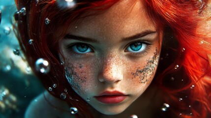 Obraz premium her blue eyes bright and framed by freckles across her face, surrounded by playful bubbles