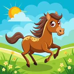 A cute cartoon horse gallops across a sunny meadow, with a cheerful expression and a flowing mane. This joyful image is perfect for children's books, illustrations.