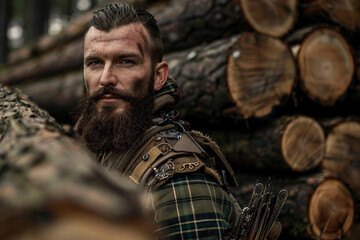 Obraz premium Generative AI image of a handsome virile bearded woodcutter at work in a traditional woodworking workshop
