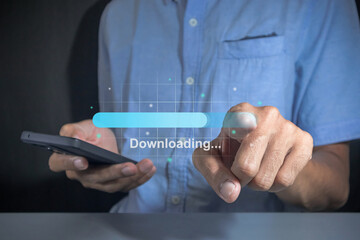 Man using a mobile phone to download data from cloud storage. Cloud technology and data storage concept.