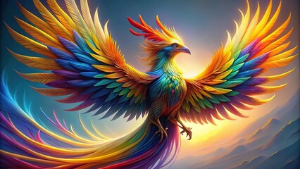 Fototapeta premium Rainbow feathered phoenix with gold wings in long plumage viewed from below