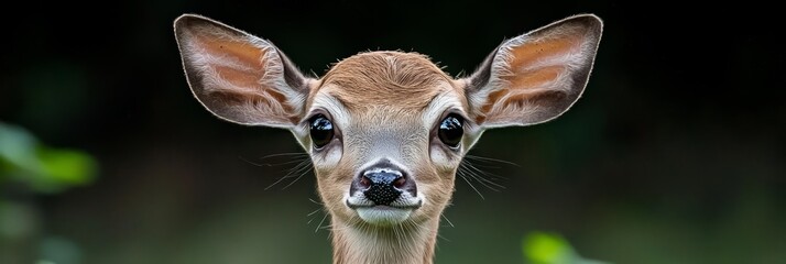  close-up image of a deer's face against a softly blurred backdrop of green leaves