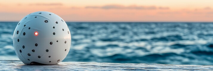  A white object atop a table, beside a body of water during sunset