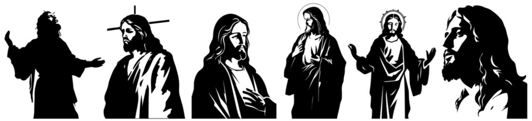 various portraits of Jesus in black and white religious style silhouette