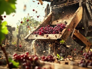 A winepress in action, crushing grapes for juice extraction, representing the early stages of winemaking