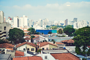 Urban, buildings or houses in cityscape for architecture, development or sky space in Brazil. Town,...