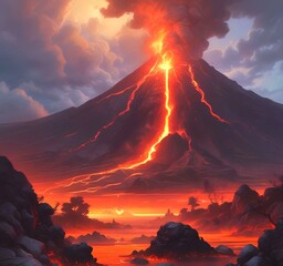 Fototapeta premium Illustration of volcano eruption at night with magma flow.