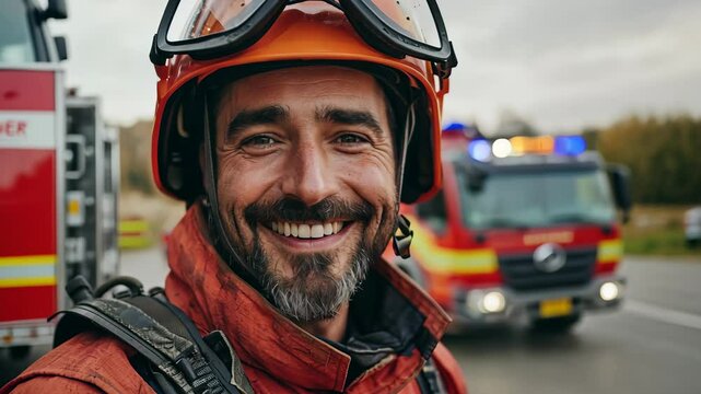 Firefighter man smiling in front of camera with fire truck and firefighter team in background - Models by AI generative - Focus on man face
