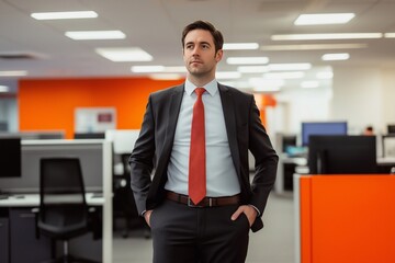 Fototapeta premium Young professional business man standing in office. Businessman manager male executive leader at work looking away dreaming of future successful career.