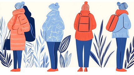 Four People in Winter Clothing Standing with Backs to Viewer