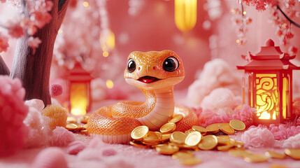 Chinese new year 2025. A snake with a traditional red Oriental lantern