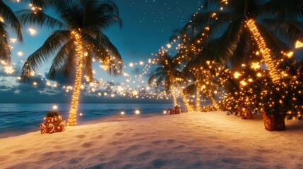 Beach Christmas background, tropical decorations, palm trees with lights, festive beach scene 