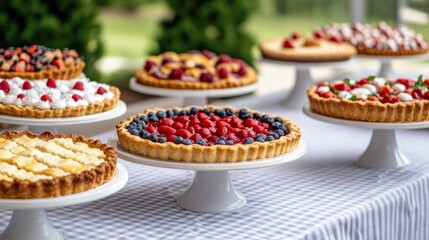A festive pie-baking contest setup with multiple pies on display, each with unique designs and flavors, celebrating National Pie Day creativity 