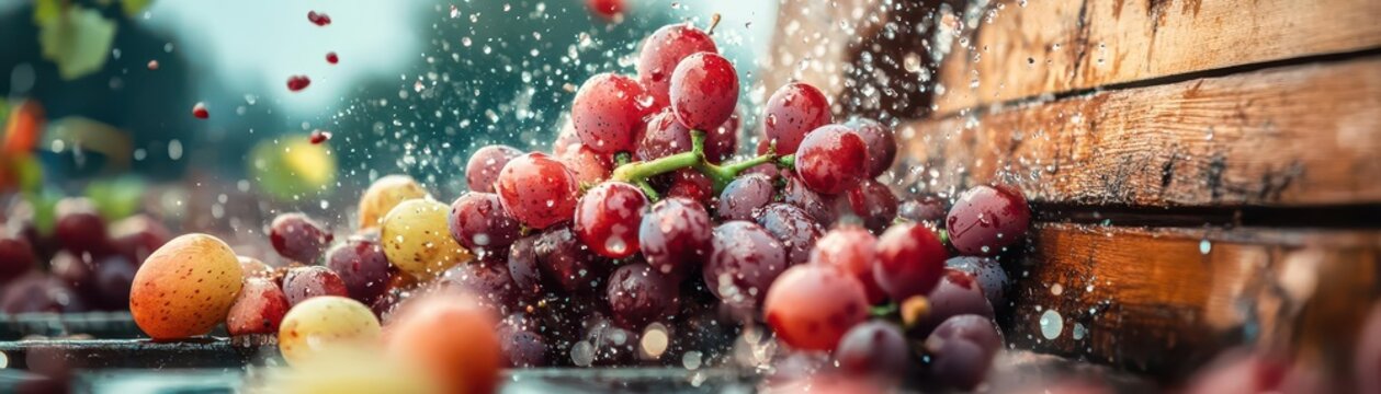 Closeup of grape clusters being crushed in a modern winepress, symbolizing innovation in winemaking
