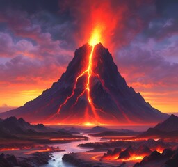 Illustration of volcano eruption at night with magma flow.
