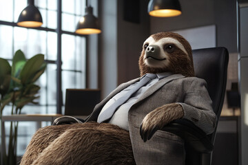 Fototapeta premium portrait of cute funny sloth in business suit relaxing in the chair in modern office