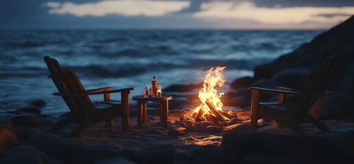 Two wooden chairs sit around a campfire on a beach at night.