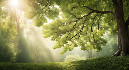 Obraz premium A dense tree canopy with soft sunlight filtering through leaves, creating a tranquil background with open copy space.