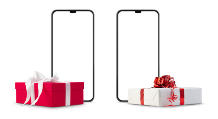 Christmas present gift box wrapped in bright ribbon bow, with smartphone empty screen, front view isolated on white background for Valentine and mother's day, for online shopping or advertising banner