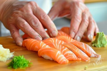 Chef preparing fresh salmon nigiri sushi with wasabi and garnishes on wooden board.