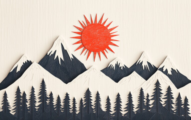 Laser-cut letterpress background showcasing the majestic Sawtooth Mountains, with a vibrant sun rising over the peaks, creating a striking contrast of textures and light that highlights the beauty of 