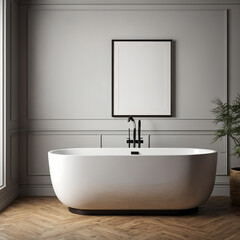 Modern Minimalist Bathroom Bathtub With A Large  Frame On The Wall, Interior Design Wall Art Mockups