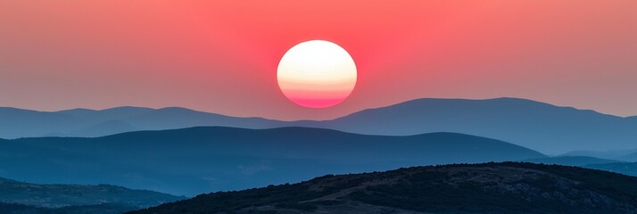 Fototapeta premium Foreground holds mountains; Backdrop, red and blue sky