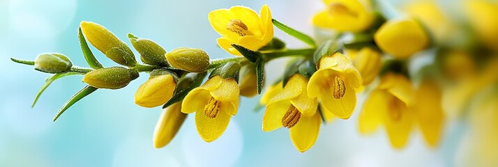 Obraz premium A tight shot of flower blooms on a branch, water beads adorn petals, backdrop softly blurred