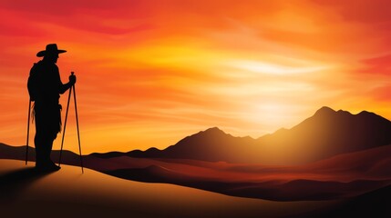  Man in hat and cane silhouetted against desert sunset