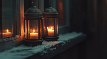 Two Candles Glow Inside Glass Lanterns On Snowy Windowsill