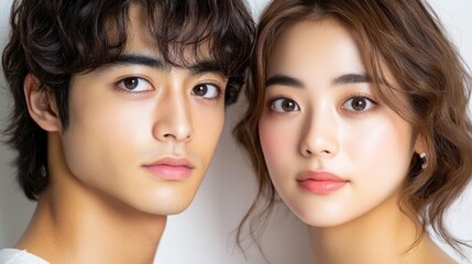 Fototapeta premium A man and a woman, face-to-face, stand before a white backdrop